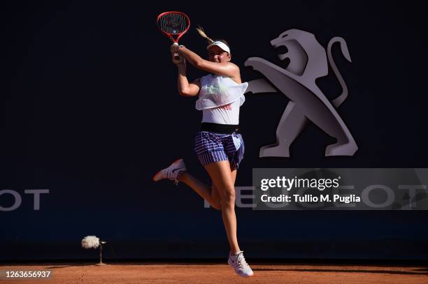 Donna Vekic of Croatia returns a shot against Arantxa Rus of Netherlands during the 31st Palermo Ladies Open - Day One on August 03, 2020 in Palermo,...