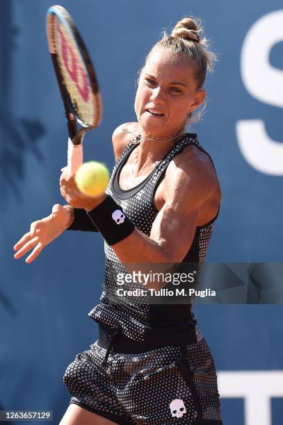 Arantxa Rus of Netherlands returns a shot against Donna Vekic of Croatia during the 31st Palermo Ladies Open - Day One on August 03, 2020 in Palermo,...
