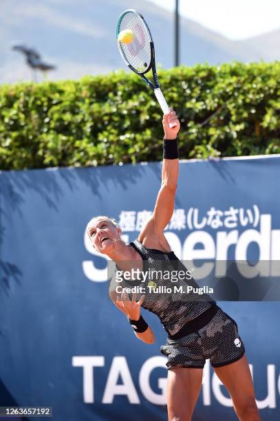 Arantxa Rus of Netherlands serves to Donna Vekic of Croatia during the 31st Palermo Ladies Open - Day One on August 03, 2020 in Palermo, Italy.