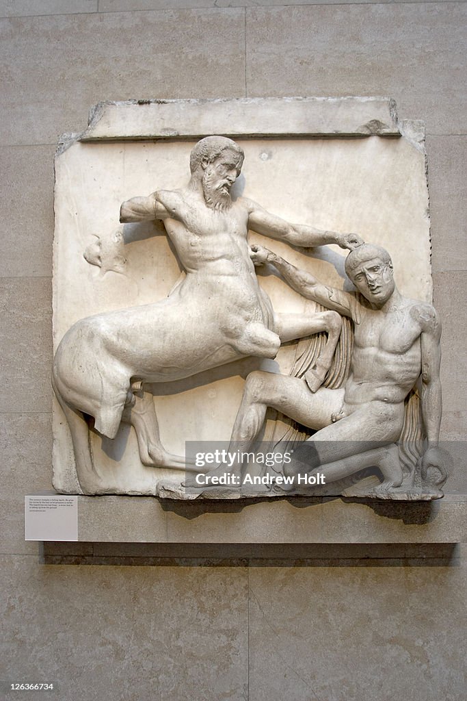 A close up detail of a Centaur and Lapith, taken from the South Metope of the Parthenon Sculptures, more commonly known as the 'Elgin Marbles'. The Elgin Marbles, a subset of Parthenon marbles, are a large collection of marble sculptures removed from Athe