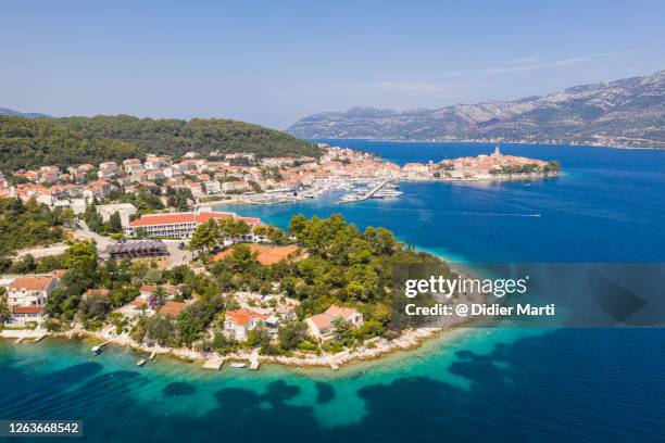 idyllic view of the korcula island by the adriatic sea in croatia - korcula island stock pictures, royalty-free photos & images