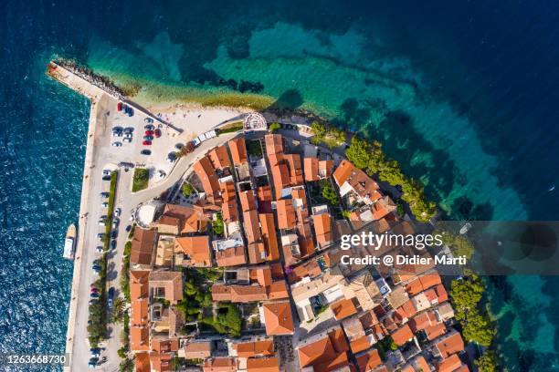 top down view of the famous korcula old town in croatia - korcula island stock pictures, royalty-free photos & images