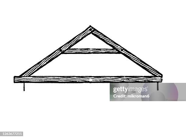 old engraved illustration of roof truss, roof timbering - roof truss stock pictures, royalty-free photos & images