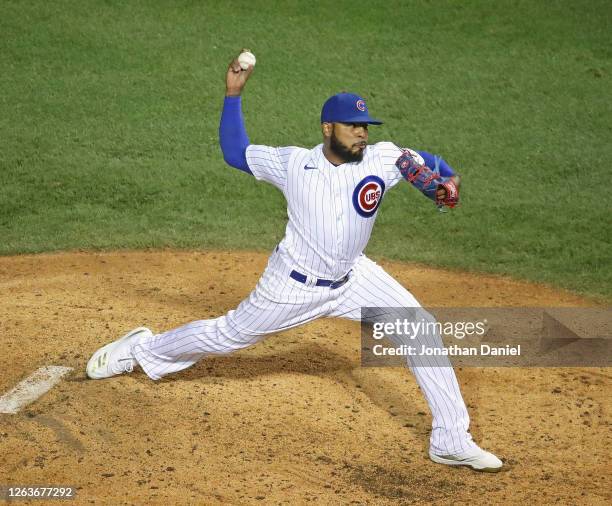 Jeremy Jeffress of the Chicago Cubs pitches against the Pittsburgh Pirates at Wrigley Field on August 01, 2020 in Chicago, Illinois.