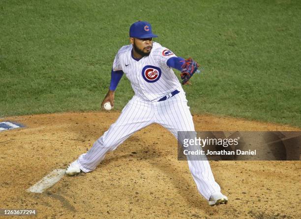 Jeremy Jeffress of the Chicago Cubs pitches against the Pittsburgh Pirates at Wrigley Field on August 01, 2020 in Chicago, Illinois.