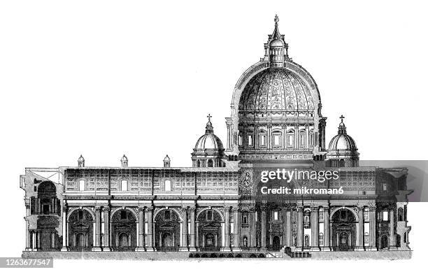 old engraved illustration of the papal basilica of saint peter, vatican, saint peter's basilica, the italian renaissance - renaissance and schets stockfoto's en -beelden