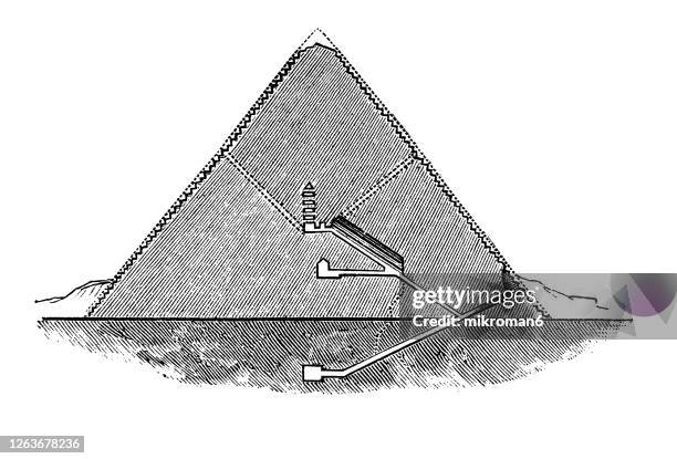 old engraved illustration of the great pyramid of giza, ancient egyptian architecture - piramide van chefren stockfoto's en -beelden