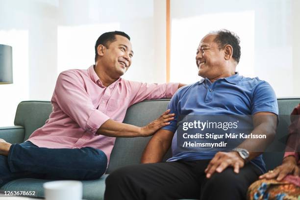 mature man talking with his father during a family visit - mature men laughing stock pictures, royalty-free photos & images