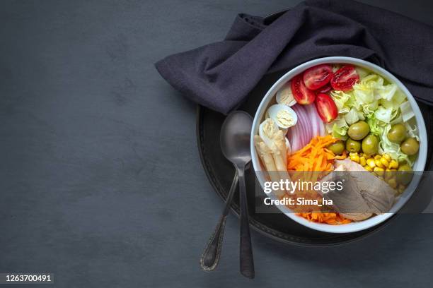 spanish salad with tuna and fresh vegetables - tuna salad stock pictures, royalty-free photos & images