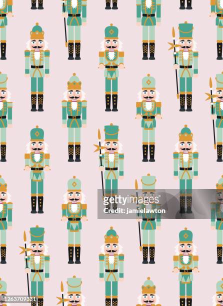 ilustrações, clipart, desenhos animados e ícones de figuras de quebra-nozes de natal - padrão sem emenda com decorações de bonecas de brinquedo soldado - coroa enfeite para cabeça