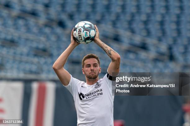 Luke Hauswirth of Union Omaha throw in during a game between Union Omaha and New England Revolution II at Gillette Stadium on July 25, 2020 in...
