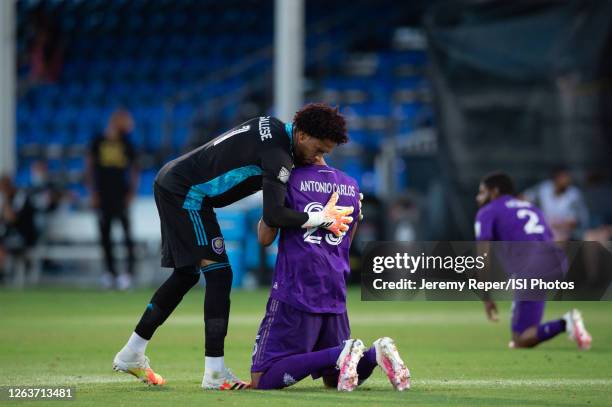 Pedro Gallese and Antonio Carlos of Orlando City SC before the game between Montreal Impact and Orlando City SC at ESPN Wide World of Sports on July...