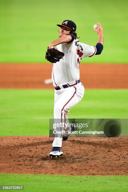 Luke Jackson of the Atlanta Braves pitches during the game against the New York Mets at Truist Park on August 01, 2020 in Atlanta, Georgia.