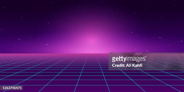 retro style landscape with blue grid background - backgrounds stock illustrations