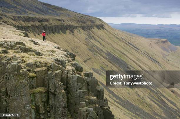 hiker on high cup nick, pennines near dufton. - high up stock pictures, royalty-free photos & images