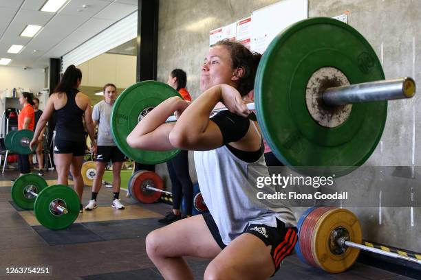 Black Fern Ruby Tui lifts weights during a New Zealand Black Ferns training session at Kolmar Papatoetoe Olympic Weightlifting Club on August 04,...