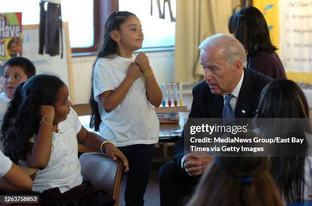 Vice President Joe Biden talks with Taft Elementary School third-graders as he paid a visit to the after-school program in Redwood City, California...