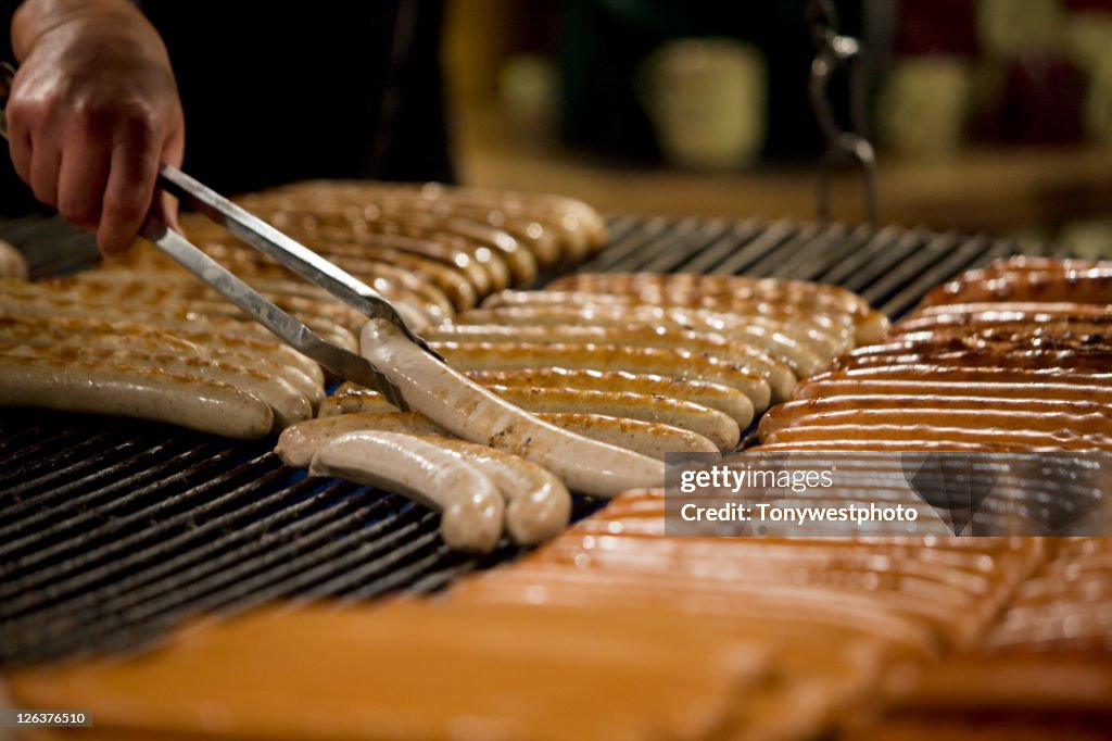 Sausages being grilled at German Christmas Market