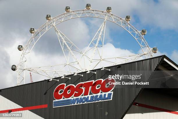 General view of Costco signage in Docklands on August 04, 2020 in Melbourne, Australia. Retail stores across Melbourne will close to customers as...