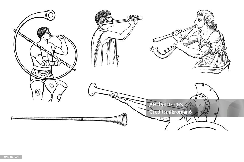 Old engraved illustration of a ancient musical instruments