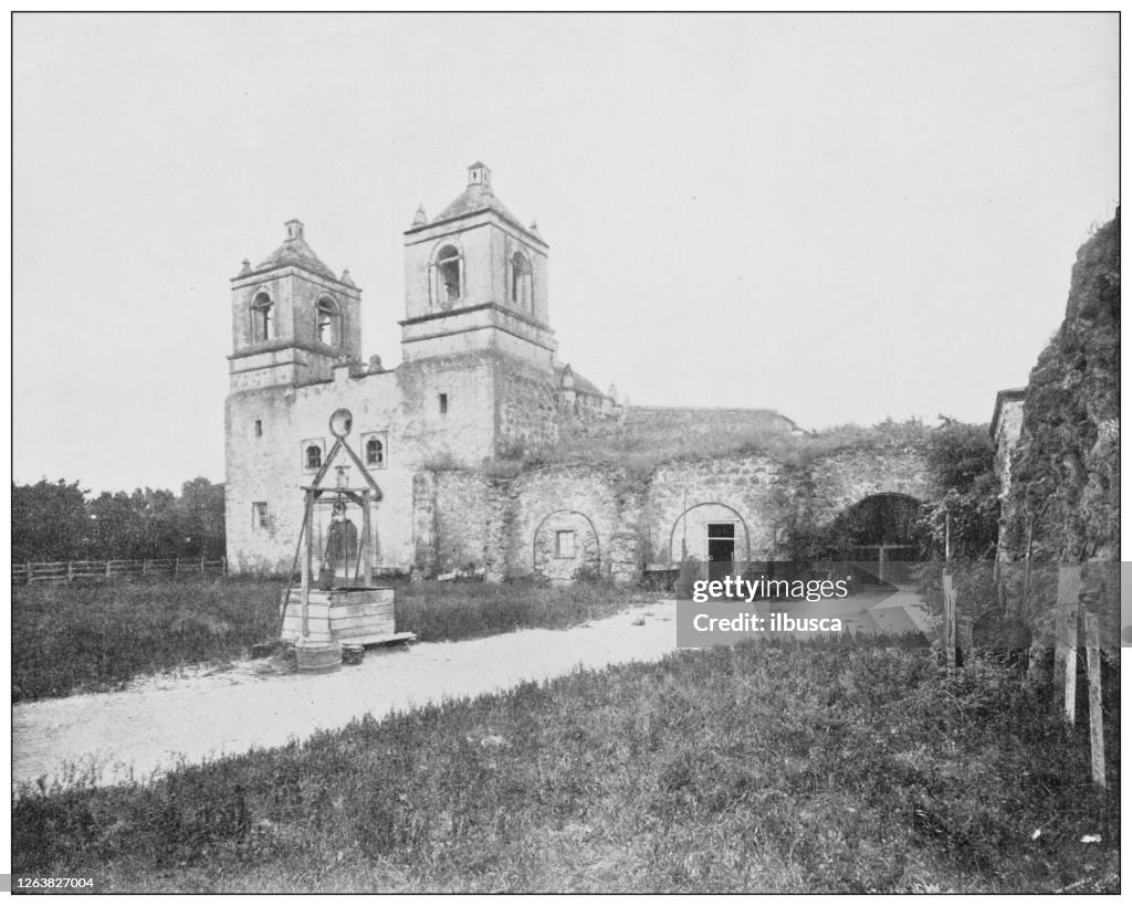 Antique black and white photograph: Old mission in San Antonio, Texas