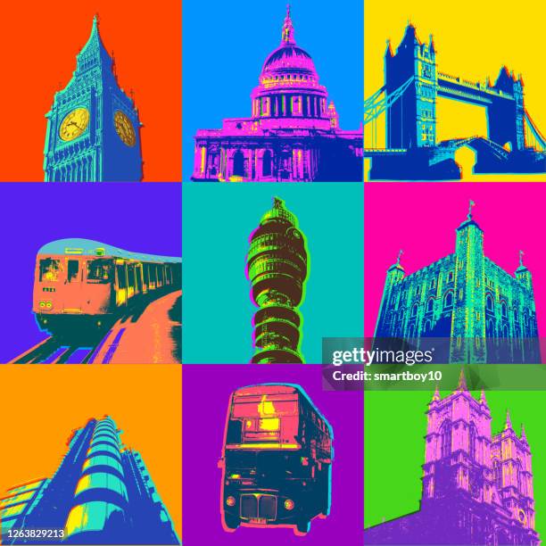 london buildings and icons - london underground sign bus stock illustrations