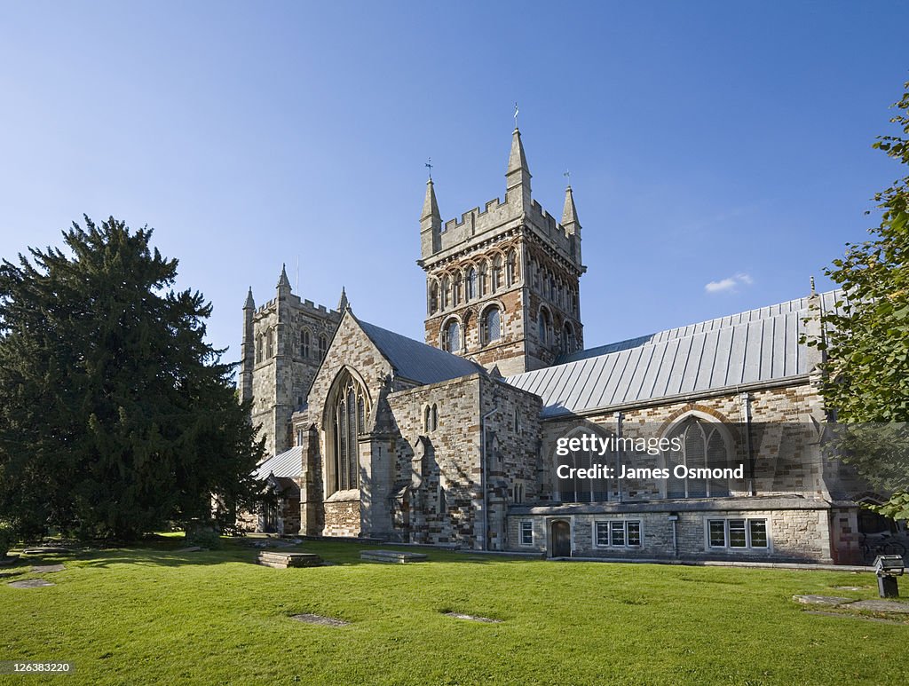 Wimborne Minster Church in Dorset. The Saxon church, with Norman and Gothic architecture is famed for its unique chained library and the tombs of King Ethelred, the brother of Alfred the Great, as well as the tombs of John Beaufort, Duke of Somerset, and h