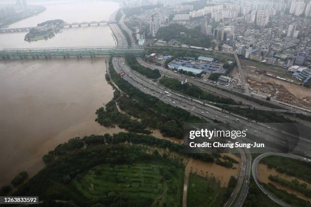 The Han River is seen after torrential rain on August 04, 2020 in Seoul, South Korea. Damage from heavy rain that pounded the country's central...