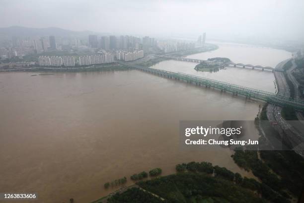 The Han River is seen after torrential rain on August 04, 2020 in Seoul, South Korea. Damage from heavy rain that pounded the country's central...