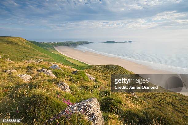 view of rhossili bay looking towards worms head from rhossili down. gower. wales. uk. - gower peninsula stock-fotos und bilder