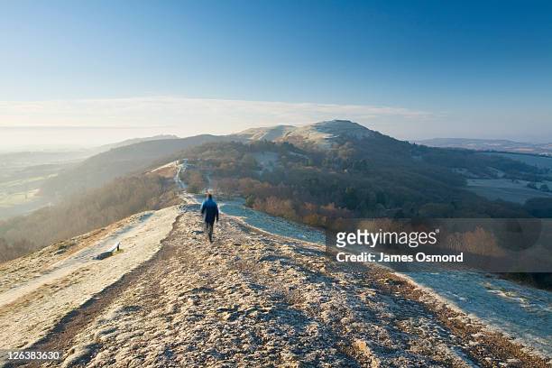 caucasian male walker (29 years old) on the malvern hills on a frosty winter morning. herefordshire & worcestershire. england. uk. - early english stock pictures, royalty-free photos & images