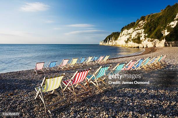 deckchairs on beer beach, devon, england, uk - devon stockfoto's en -beelden