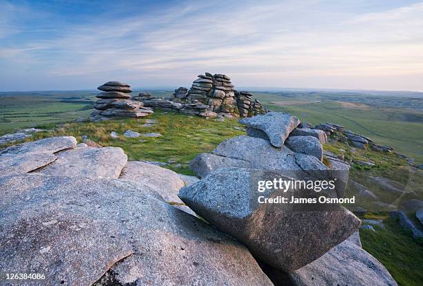 granite rock formations on the summit of rough tor, bodmin moor. cornwall. england. uk. - bodmin moor foto e immagini stock