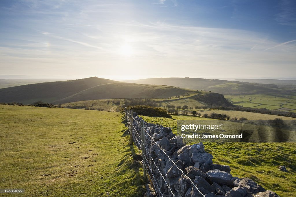 View of Crook Peak from Wavering Down in the Mendip Hills in Spring. Somerset, England. UK.