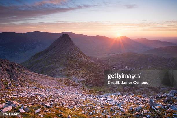 tryfan at sunrise from the slopes of glyder fach. snowdonia national park. conwy. wales. uk. - snowdonia national park stock pictures, royalty-free photos & images