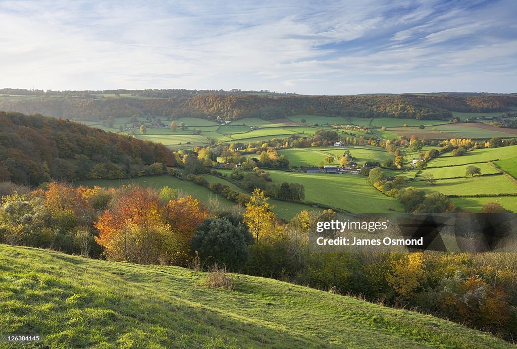Autumn Countryside from Uley Bury. The Cotswolds. Gloucestershire. England. UK.