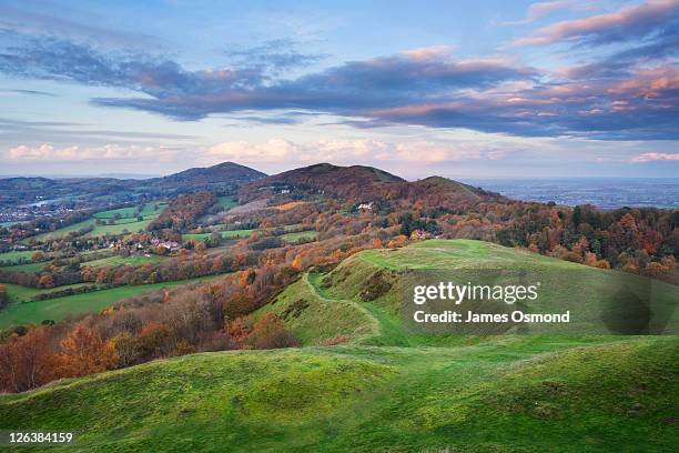 the malvern hills in autumn from herefordshire beacon. herefordshire and worcestershire. england. uk. - worcestershire stock pictures, royalty-free photos & images