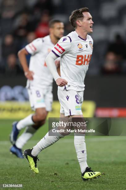 Neil Kilkenny of the Glory celebrates scoring a goal during the round 26 A-League match between the Western Sydney Wanderers and the Perth Glory at...