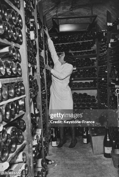 La cave à vin de la fromagerie 'Androuet' à Paris, en 1936, France.