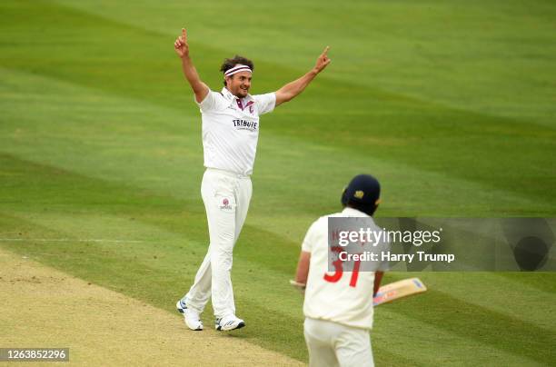 Jack Brooks of Somerset celebrates after taking the wicket of Michael Hogan of Glamorgan, the final wicket of the match during Day Four of the Bob...