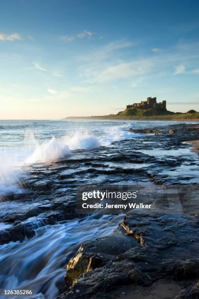 dawn light with waves breaking on the rugged coastline looking towards bamburgh castle in northumberland. bamburgh castle is one of england's most famous castles. built on a basalt outcrop above majestic sand dunes, its ramparts tower over the shifting hue - bamburgh stock pictures, royalty-free photos & images