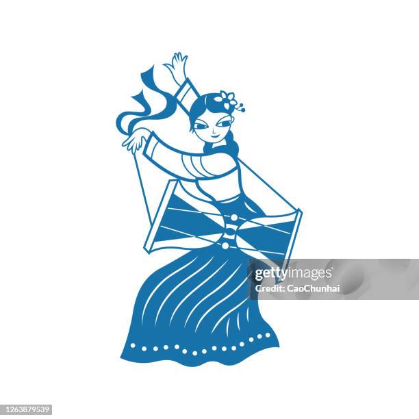 girl dancing(china paper-cut patterns) - korean dance stock illustrations