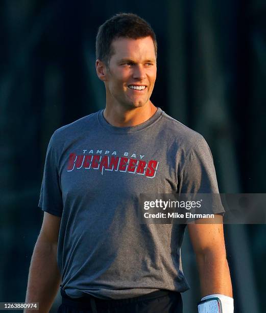 Tom Brady of the Tampa Bay Buccaneers works out during a practice at AdventHealth Training Center on August 04, 2020 in Tampa, Florida.