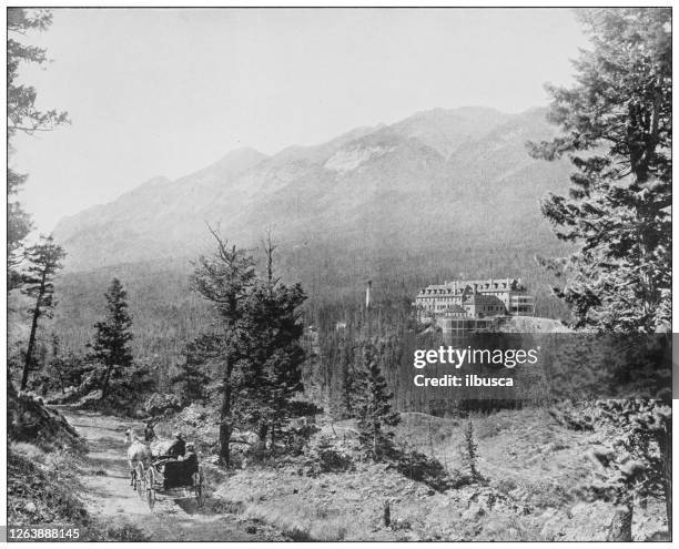 antique black and white photograph: banff, canada - banff springs stock illustrations