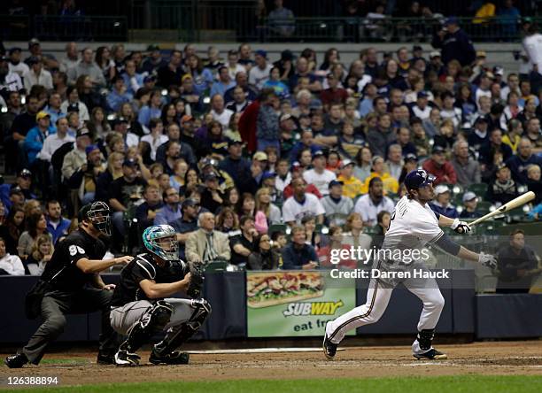 Ryan Braun of the Milwaukee Brewers hits a home run against the Florida Marlins in the fourth inning at a Major League Baseball game at Miller Park...