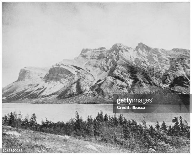 antique black and white photograph: devil lake, banff - banff springs stock illustrations