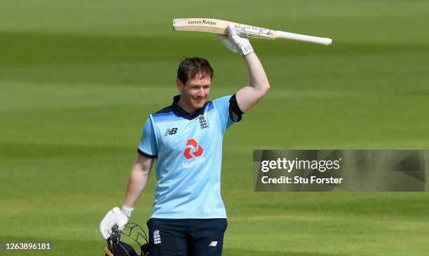 Eoin Morgan of England celebrates reaching his century during the Third One Day International between England and Ireland in the Royal London Series...