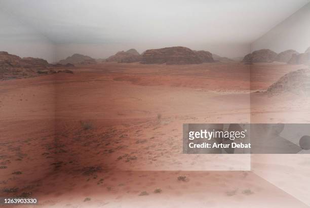 wadi rum desert landscape inside home using virtual reality simulator. - surreal landscape stockfoto's en -beelden