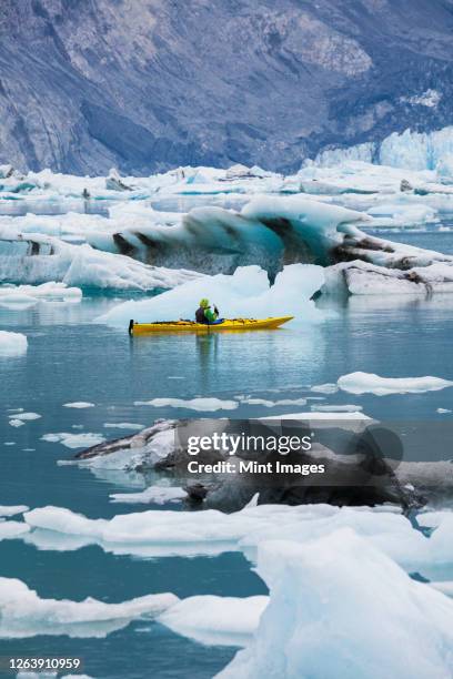 sea kayaker paddling in glacial lagoon at a glacier terminus on the coast of alaska - glacier bay national park stock-fotos und bilder