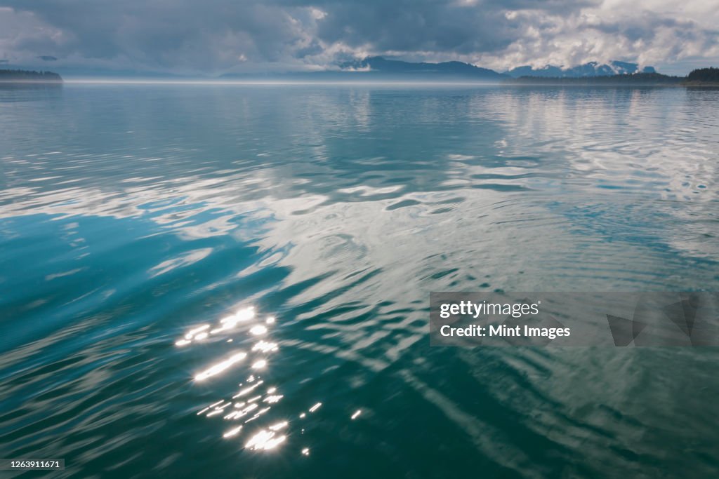 Sunlight reflecting on calm waters of Muir Inlet at dusk, Glacier Bay National Park, Alaska